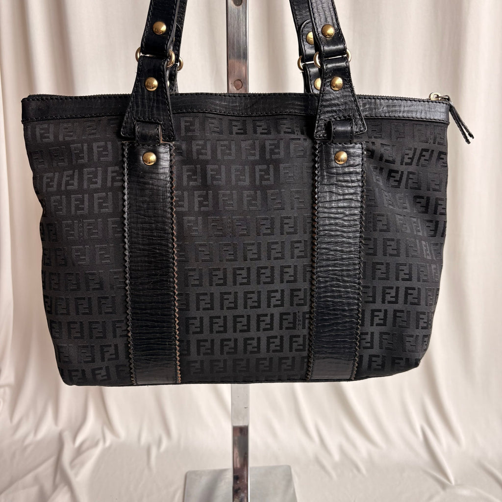 Vintage Fendi Zucchino Black Canvas & Leather Tote - Early 2000s
