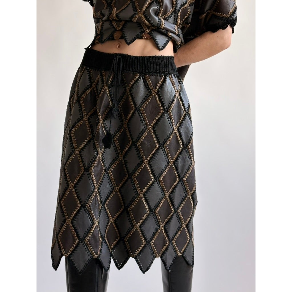 Vintage 1970s Handmade Turkish Diamond Patchwork Leather Skirt