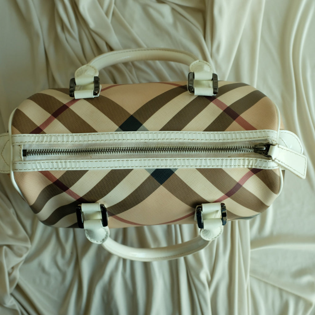 Burberry Chester Boston Bag - Supernova Check, White Patent Handles