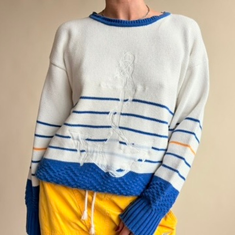 Davison's Bermuda Nautical Sweater - Blue & White Stripe, Anchor Patch, Size M