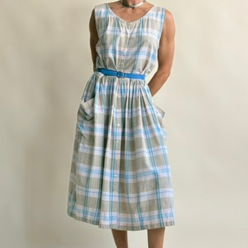 Erika Plaid Drop-Waist Dress - Light Blue, Sage & White, Pockets, 100% Cotton, Size M