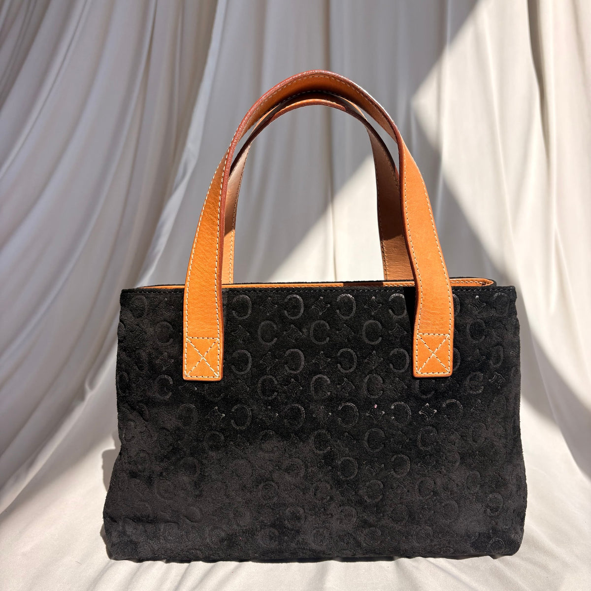 Celine C Macadam Tote Bag - 90's - Black Suede, Tan Leather Handles