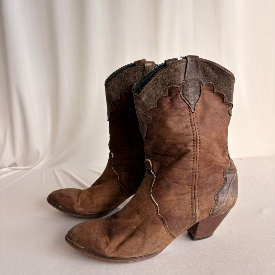 Brown Suede & Leather Cowboy Boots - Size 7