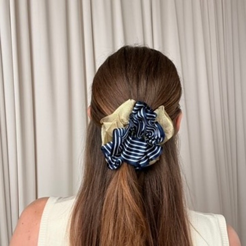 Navy & White Stripe Ribbon Claw Clip - Gold Trim, Retro, 4"