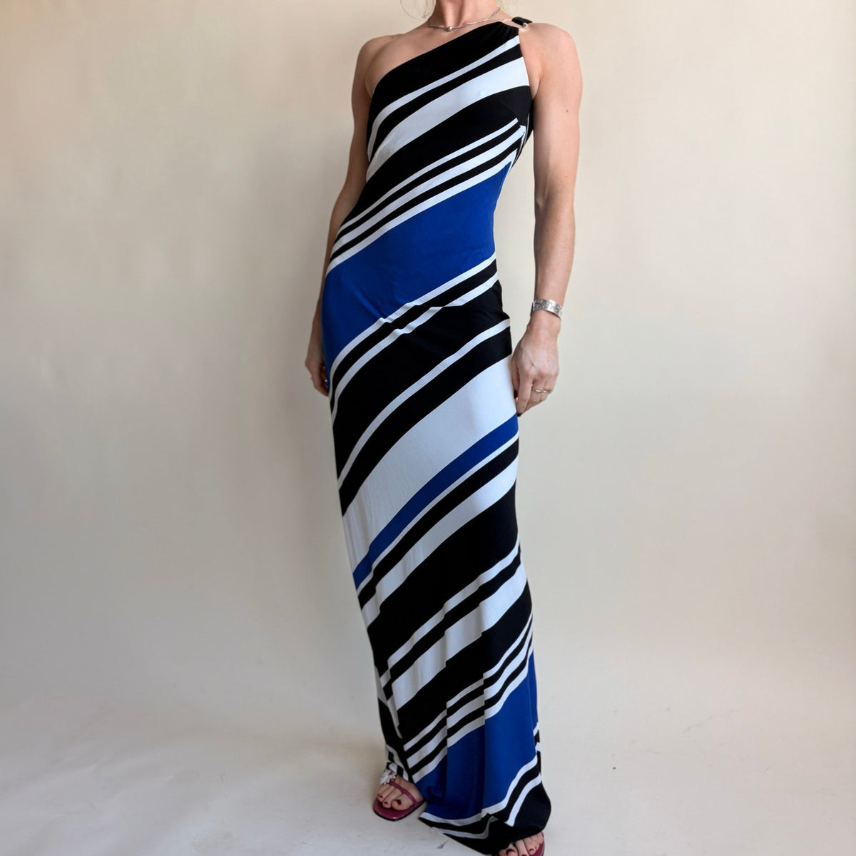 Cache One-Shoulder Striped Maxi Dress - Blue, Black, White, Size XS