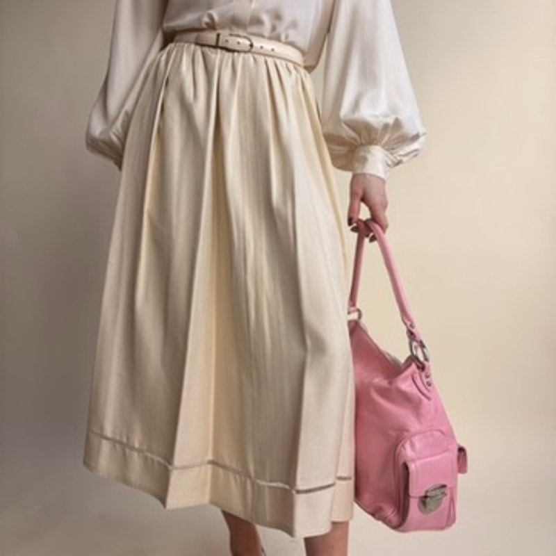 Anne Klein Cream A-Line Midi Skirt - Mesh Trim, Pockets, Linen Blend, Size 4