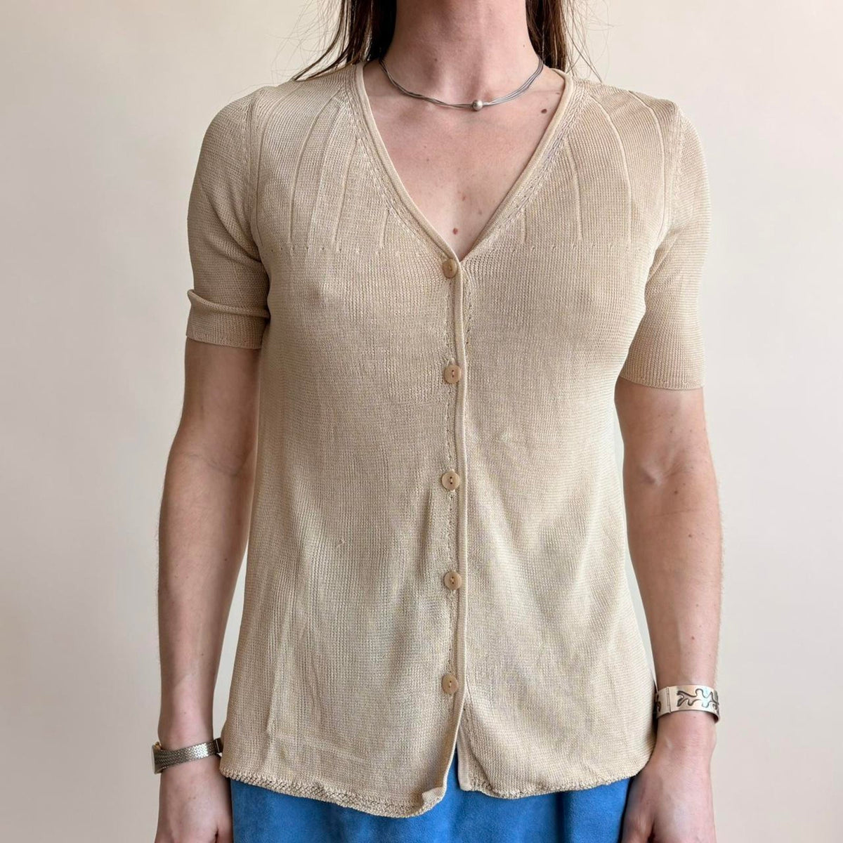 Caroline Little Knitwear Nude Tan Rayon Knit Top - Size Small