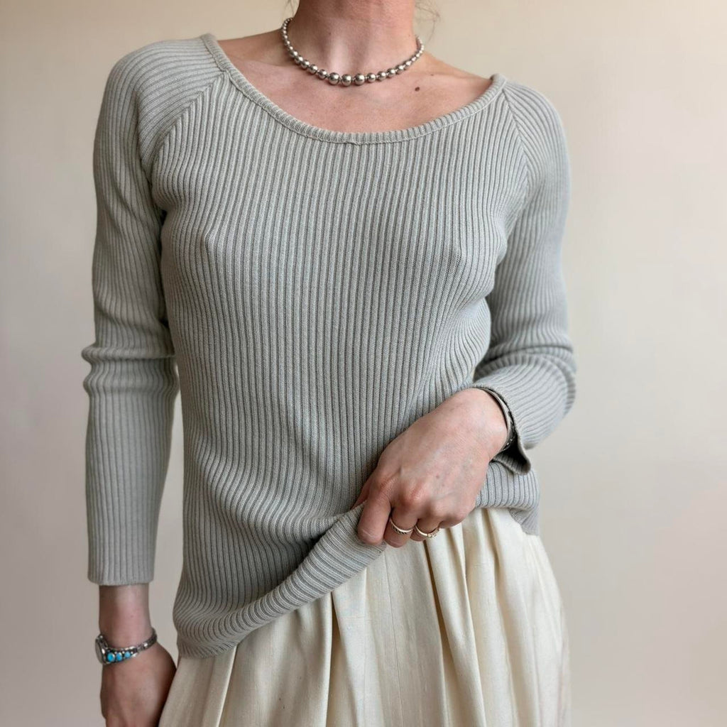 525 Light Sage Green Boat Neck Top - Ribbed, One Size (Fits Small), Made in USA