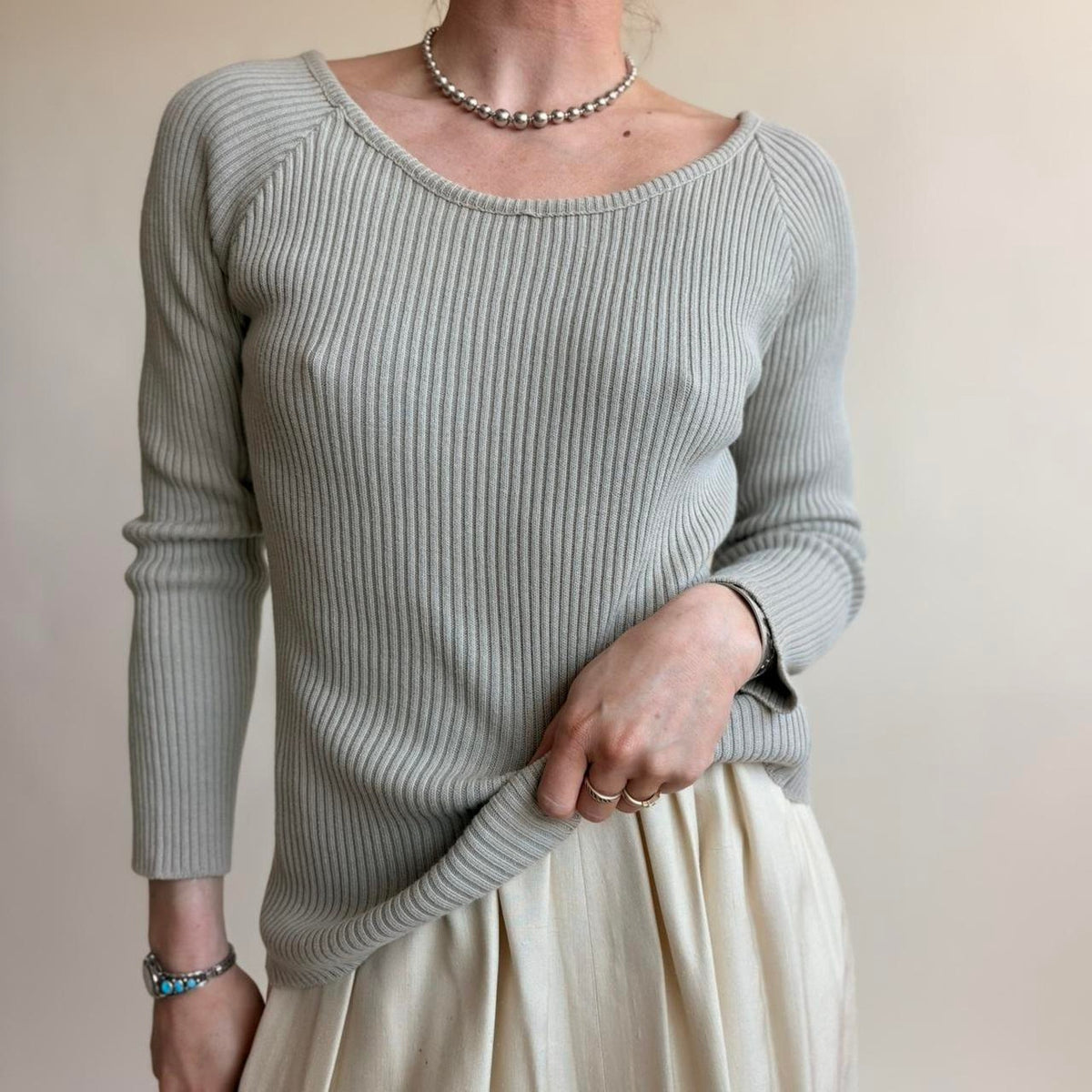 525 Light Sage Green Boat Neck Top - Ribbed, One Size (Fits Small), Made in USA