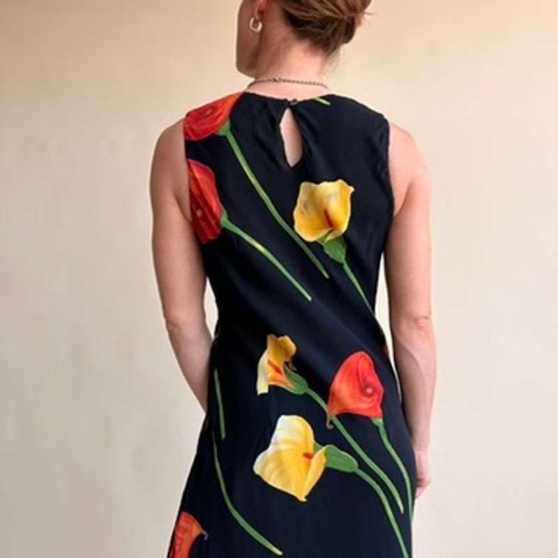 Tessuto Black Calla Lily Maxi Dress - Yellow & Red Flowers- 90s Vintage, Size XS