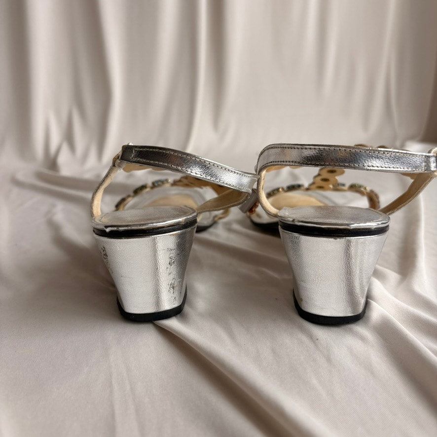 Vintage 70s California Magdesians Silver T-Strap Sandals - Jeweled, Size 7 (Fits 7.5)
