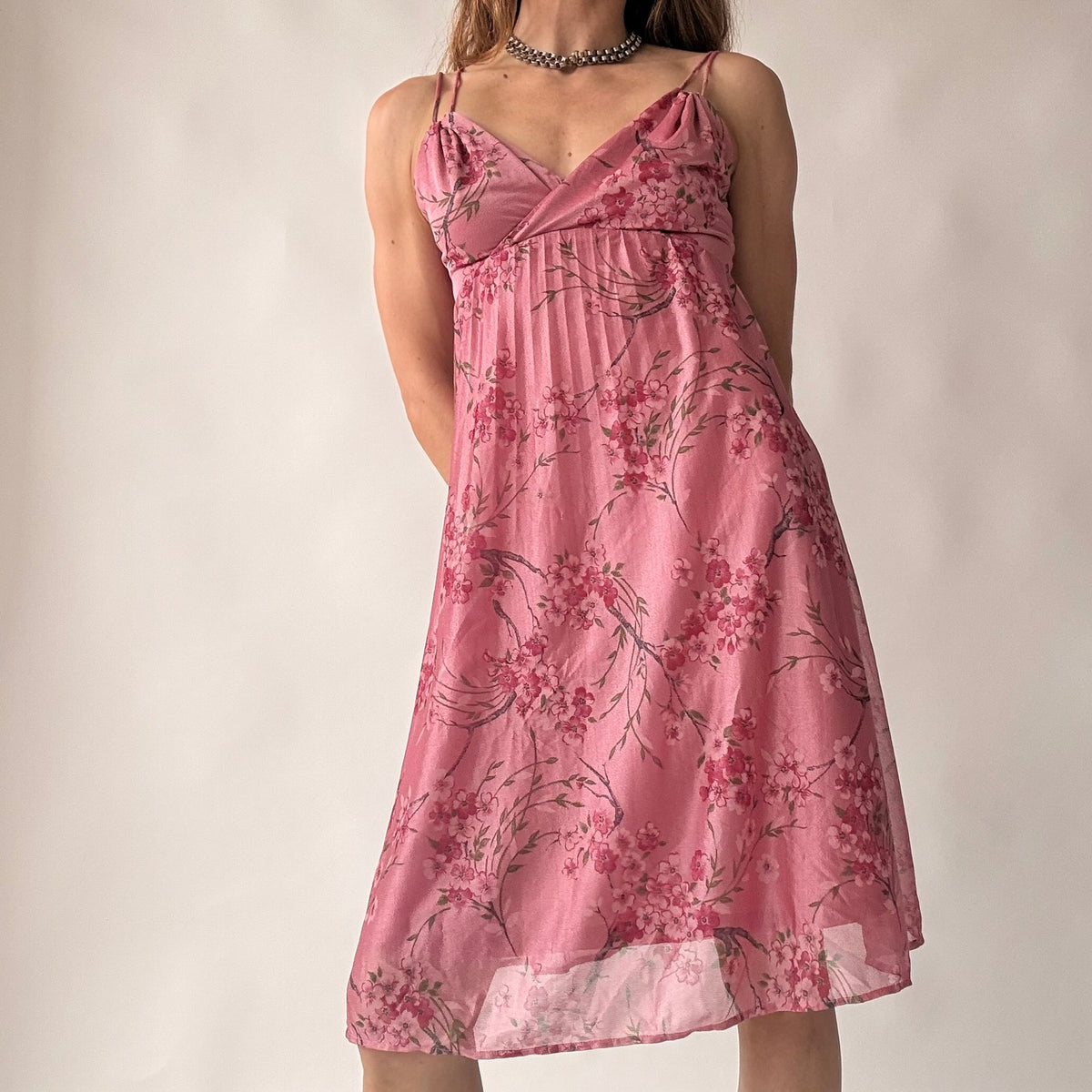 Vintage Y2K Pink Cherry Blossom Print Babydoll Dress