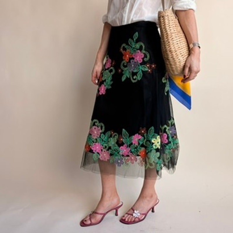 Jǒn Black Tulle Midi Skirt - Multicolor Floral Embroidery, Size 2