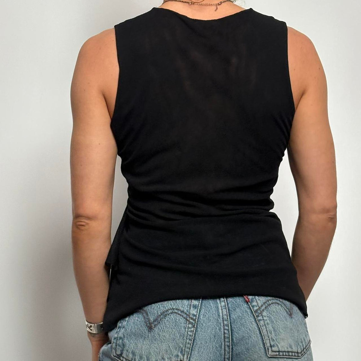Sleeveless Black Mesh Top - Ruffled V-Neck