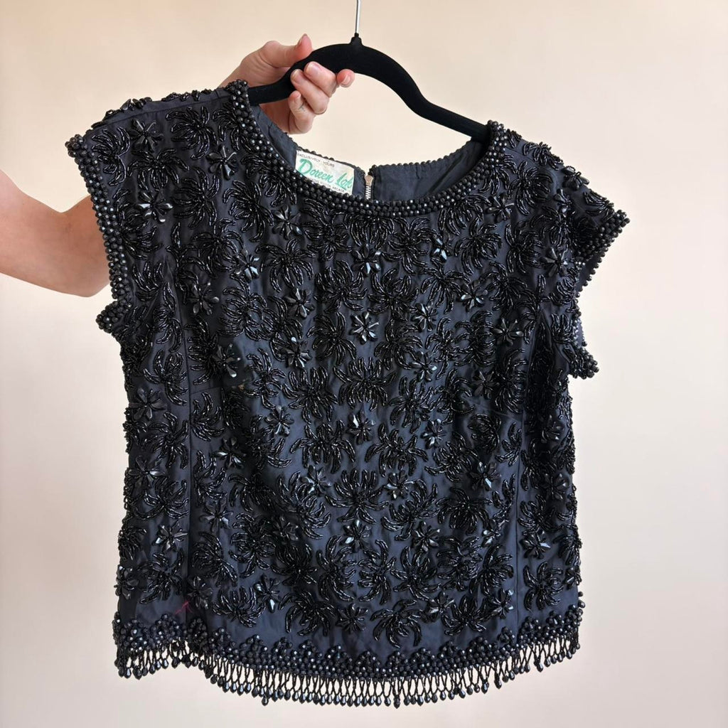 Doreen Loh Black Beaded Fringe Top - Made in Hong Kong