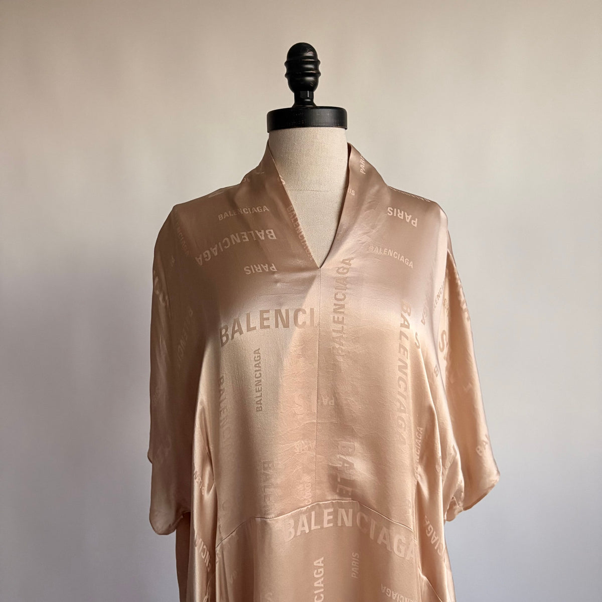 Vintage Balenciaga Champagne Beige Silk Jacquard Logo Midi Dress
