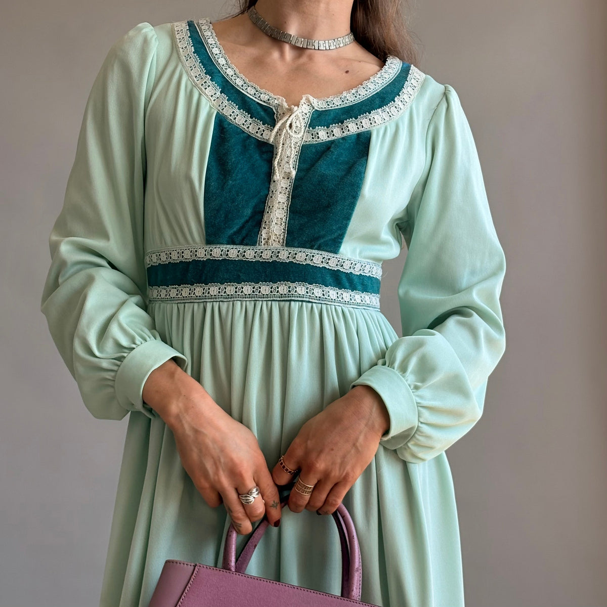 JCPenney Vintage 70s Mint Green Prairie Dress - Lace Trim