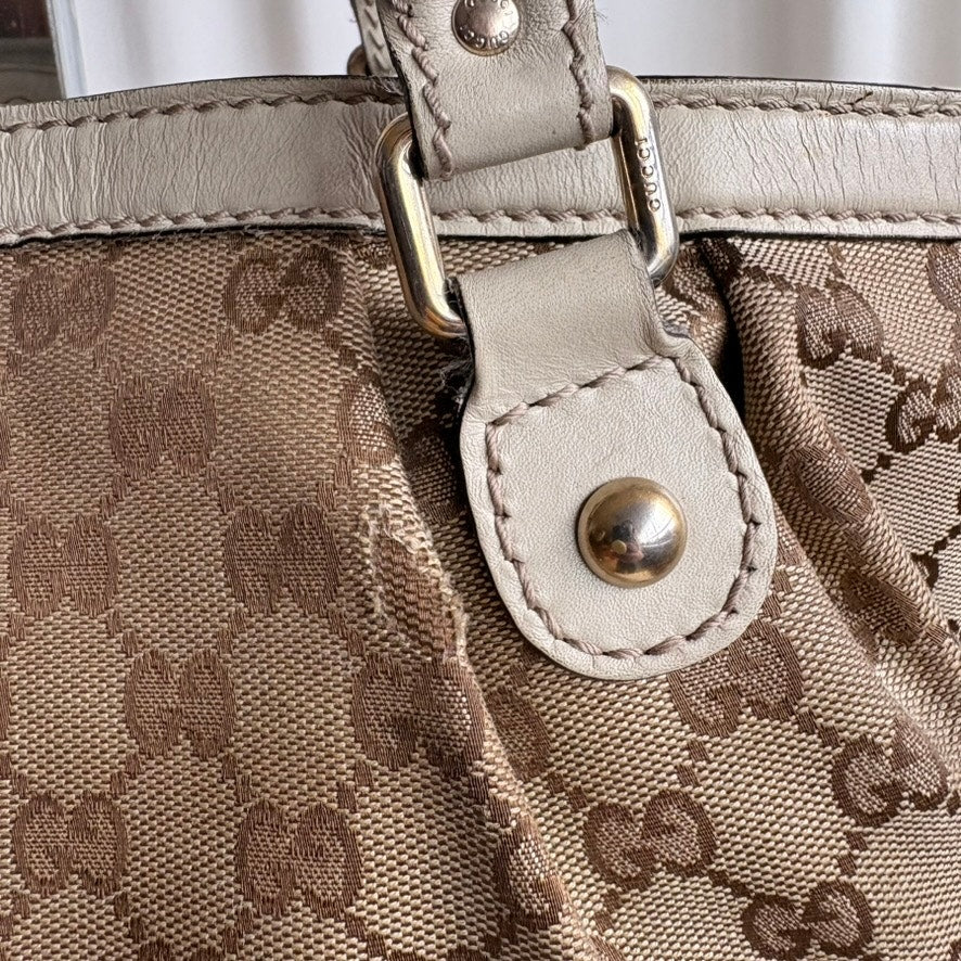 Gucci Sukey Bag Beige GG Monogram Canvas Tote with Cream Leather Handles