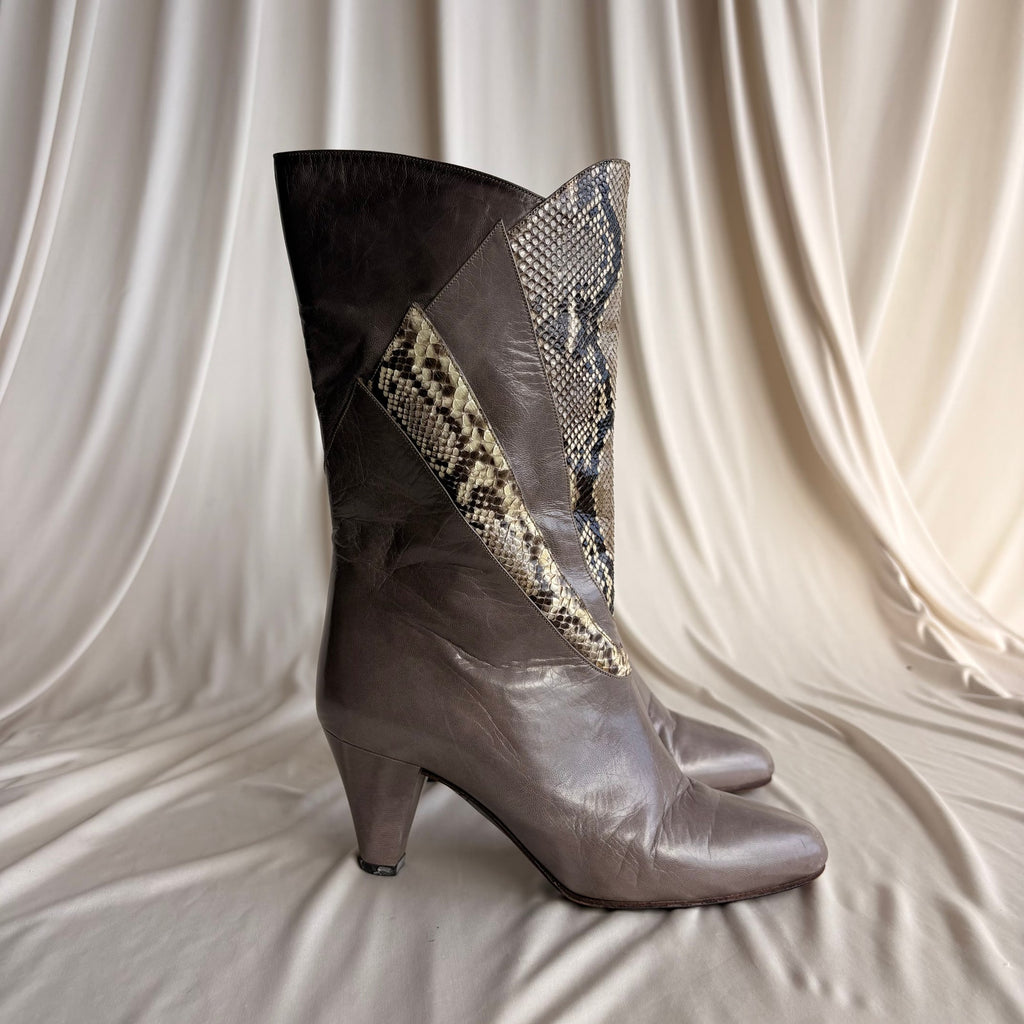 Bruno Magli Color-Block Mid-Calf Boots -  Grey & Snakeskin, EU 36