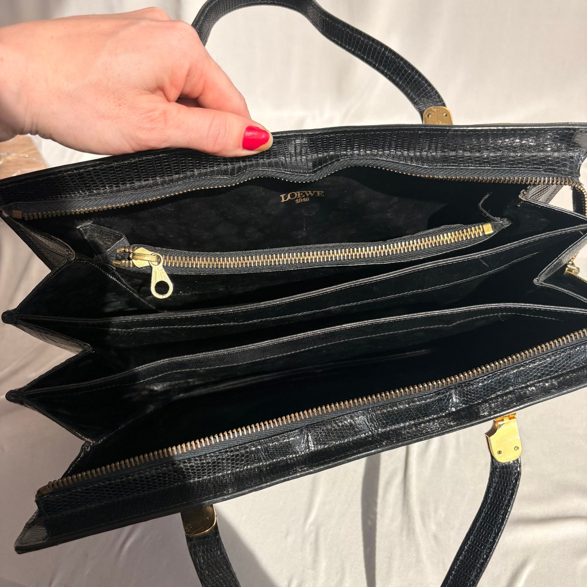 Vintage Loewe Black Patent Croc-Embossed Leather Shoulder Bag
