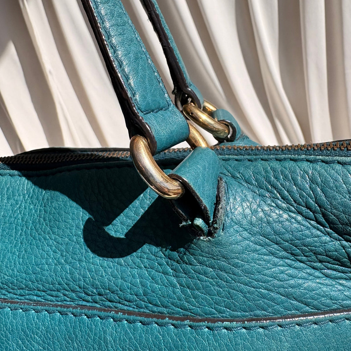 Gucci Medium Ride Top Handle Bag - Teal Pebbled Calfskin Leather, Gold Buckle