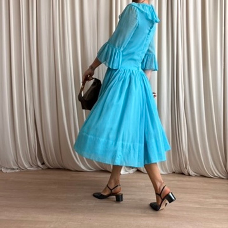Ollie Wright 60s Turquoise Drop-Waist Midi - Sheer Chiffon, Handmade, Fits Small