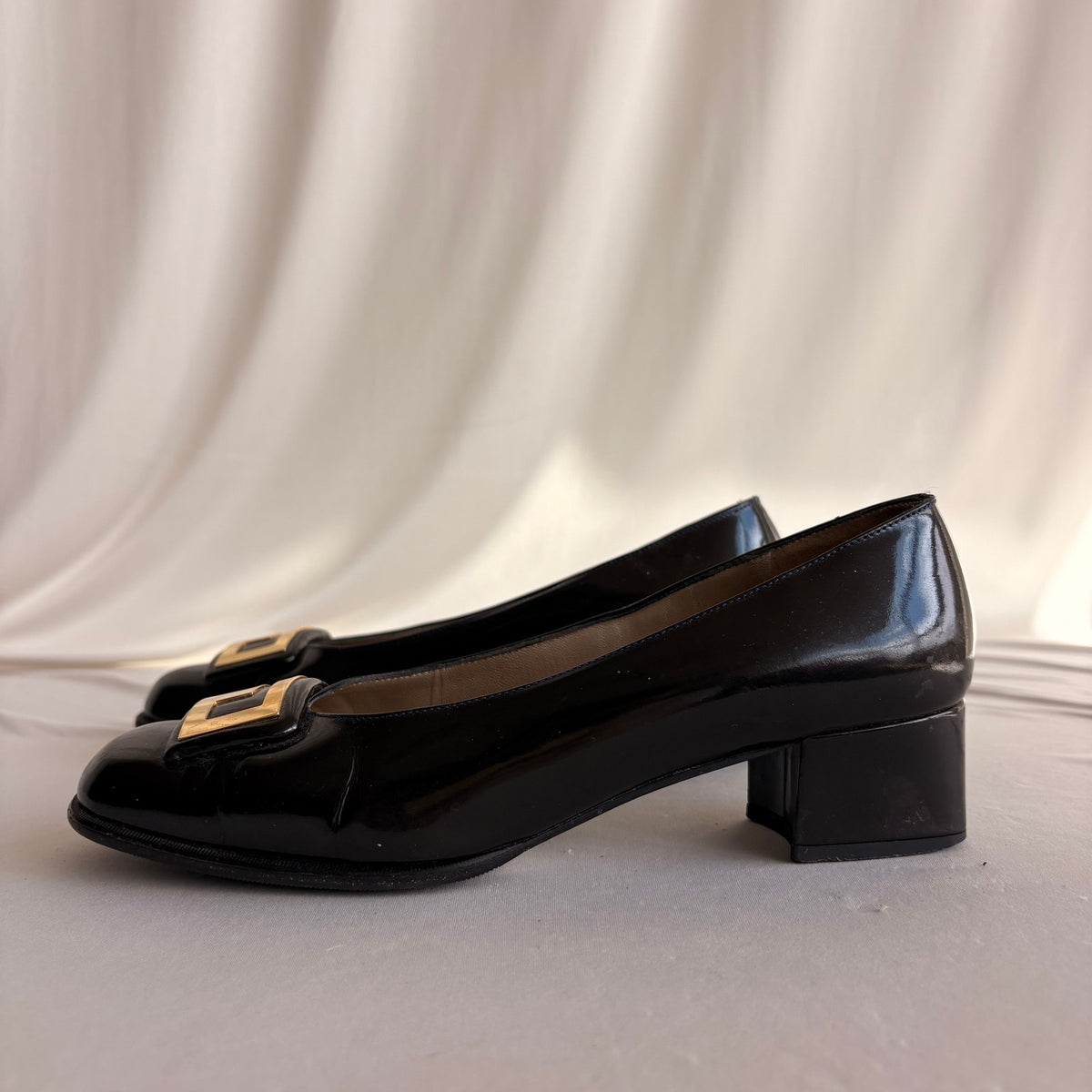 Vintage 90s Black Patent Leather Round Toe Loafers - Gold Hardware, Block Heel
