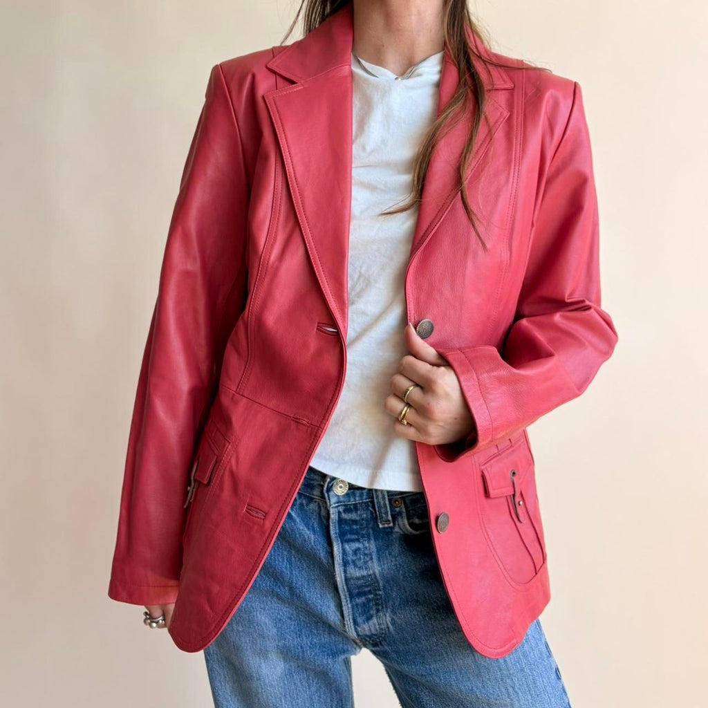 Pamela McCoy Raspberry Pink Leather Moto Jacket - Size Small