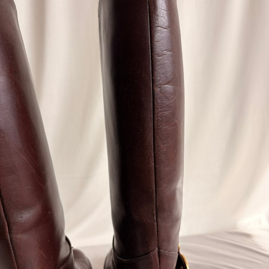 Vintage 1978 Idea Studios Brown Leather Riding Boots - Gold Buckle, 7.5
