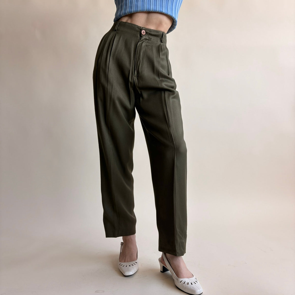 Saks Fifth Avenue Olive Green Linen Trousers - High Waisted, Pleated, Cropped