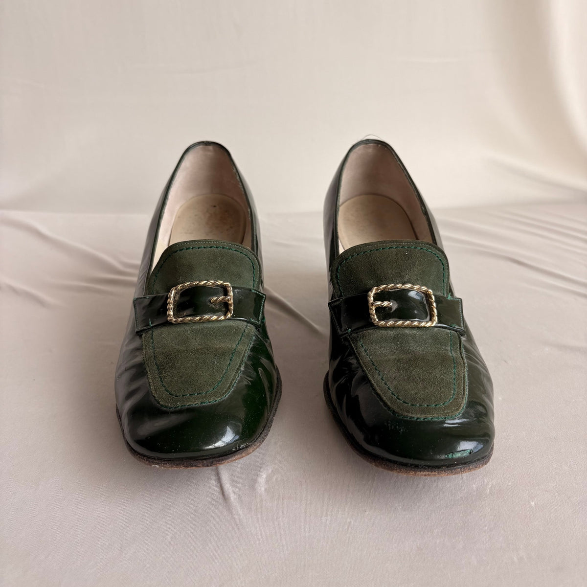 I. Miller Vintage Green Patent Leather & Suede Heeled Loafers - 2" Heel