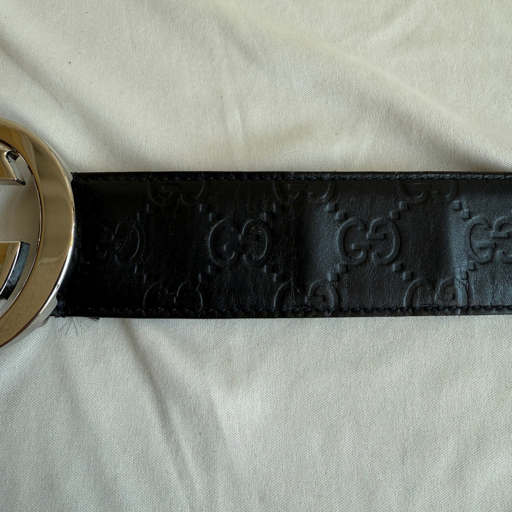 Gucci Guccissima Leather Belt - Black, Silver Interlocking G, Size 95cm
