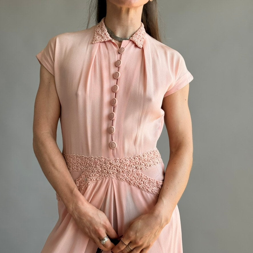 Vintage 1940s A Minx Modes Junior Pink Rayon Crepe Lace Dress