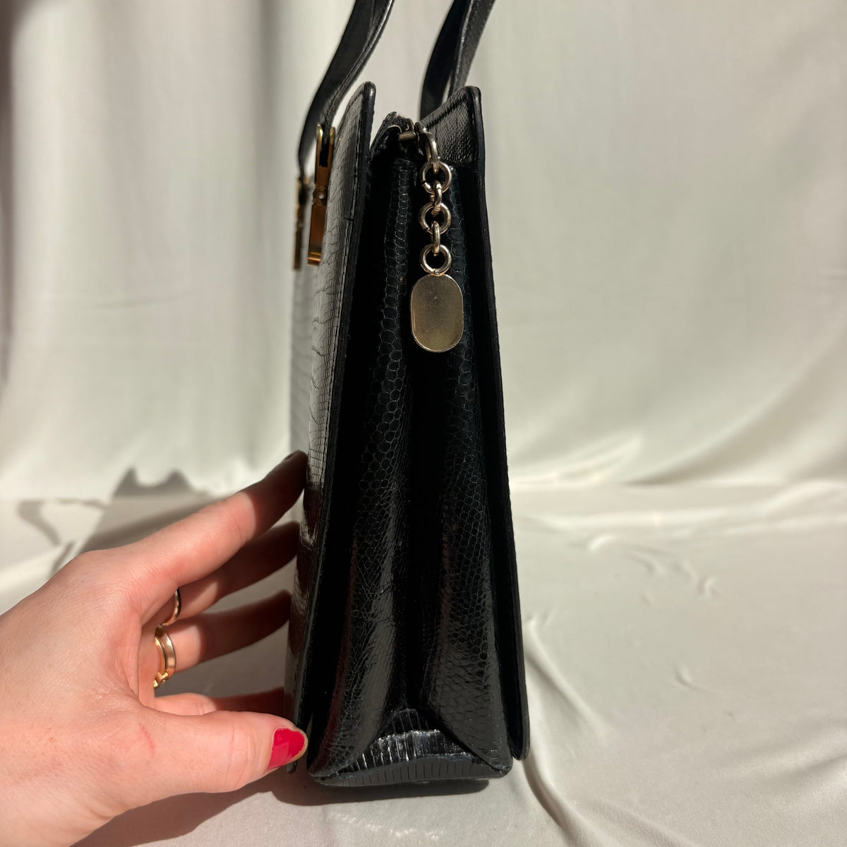 Vintage Loewe Black Patent Croc-Embossed Leather Shoulder Bag