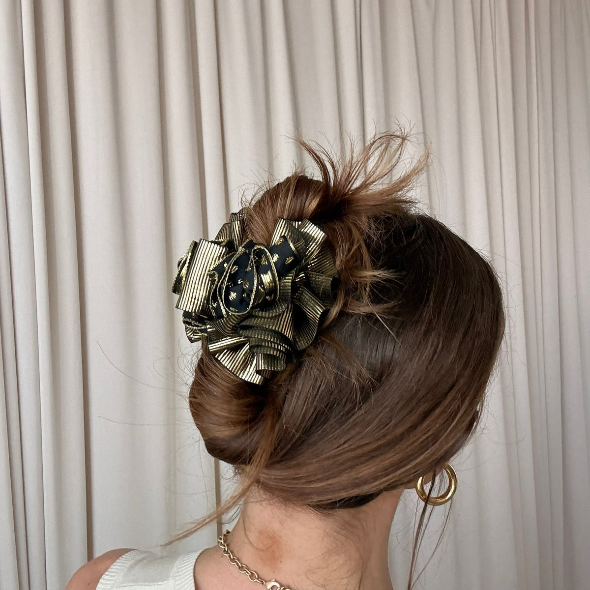 Gold & Black Stripe Ribbon Claw Clip - Polka Dot Detail, Retro