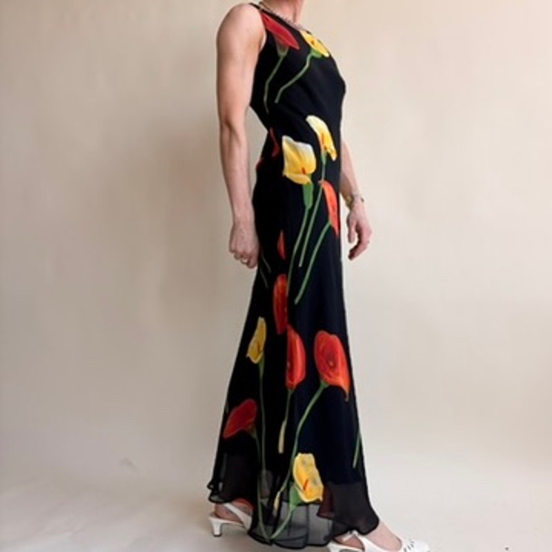 Tessuto Black Calla Lily Maxi Dress - Yellow & Red Flowers- 90s Vintage, Size XS