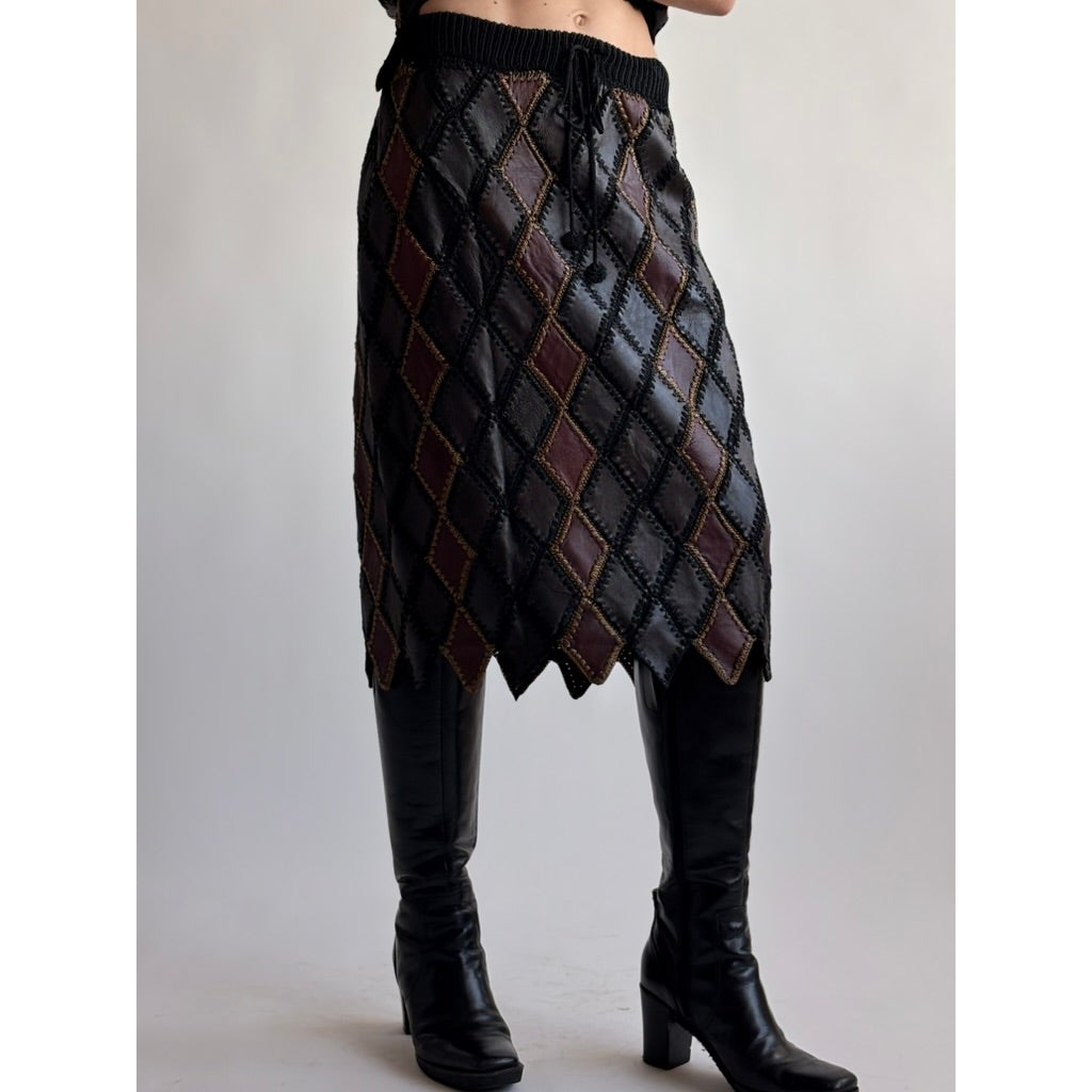 Vintage 1970s Handmade Turkish Diamond Patchwork Leather Skirt