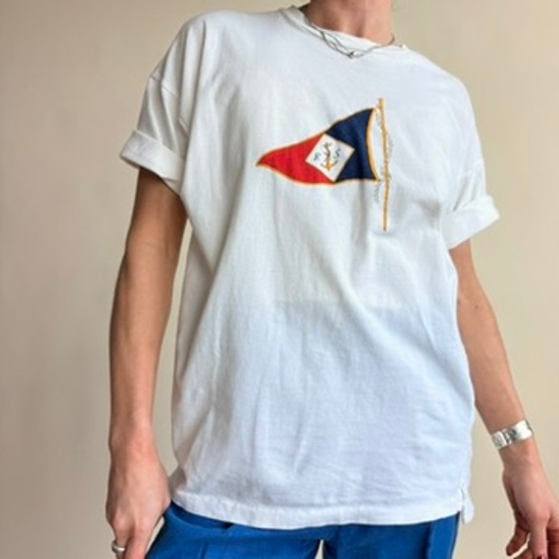 J.McLaughlin Nautical Flag T-Shirt - White, 100% Cotton, Made in Italy, (Fits Medium)