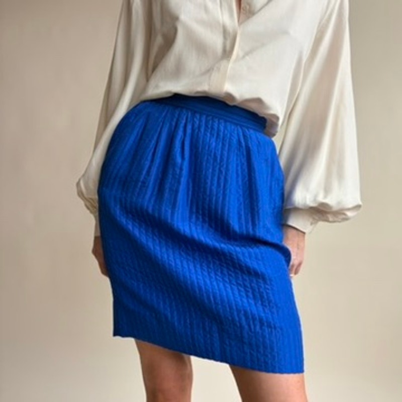 Cobalt Blue Quilted Silk Skirt - Vertical Stitching, 80s Vintage, Size 4