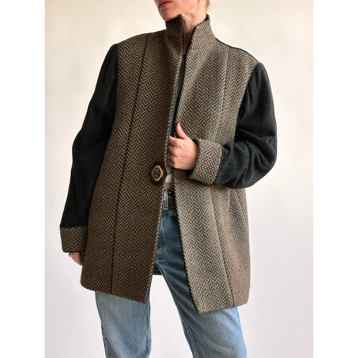 Barbara Perry Black & Brown Geometric Woven "Art-to-Wear" Blazer