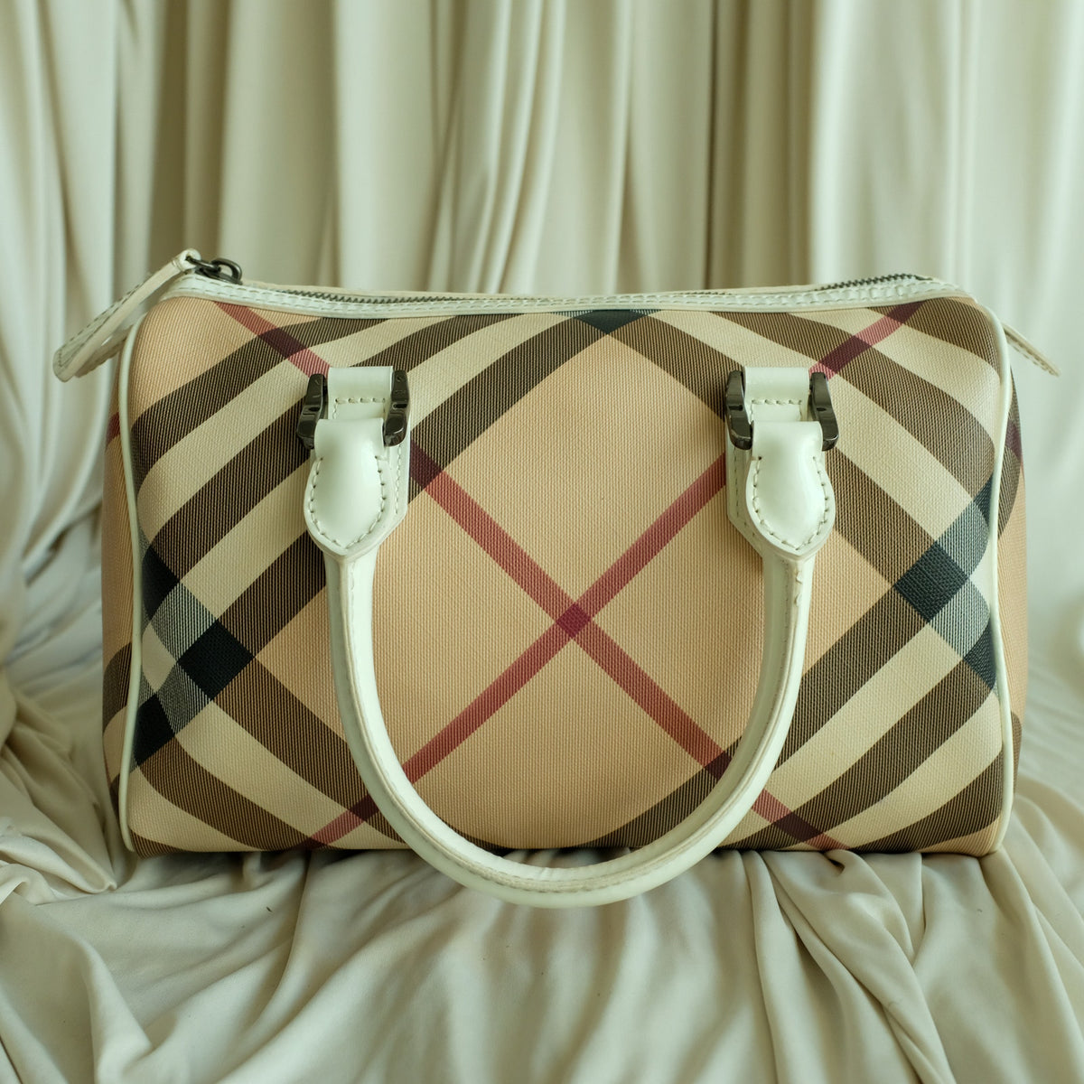 Burberry Chester Boston Bag - Supernova Check, White Patent Handles