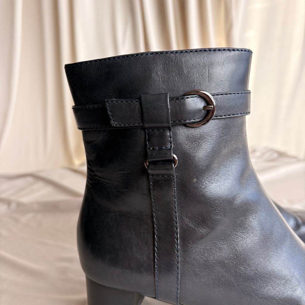 Vintage Navy Blue Leather Ankle Booties - Square Toe, Buckle Detail, 7.5