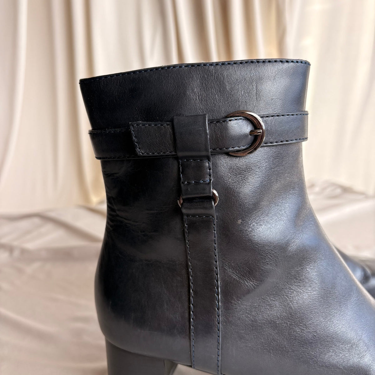 Vintage Navy Blue Leather Ankle Booties - Square Toe, Buckle Detail, 7.5