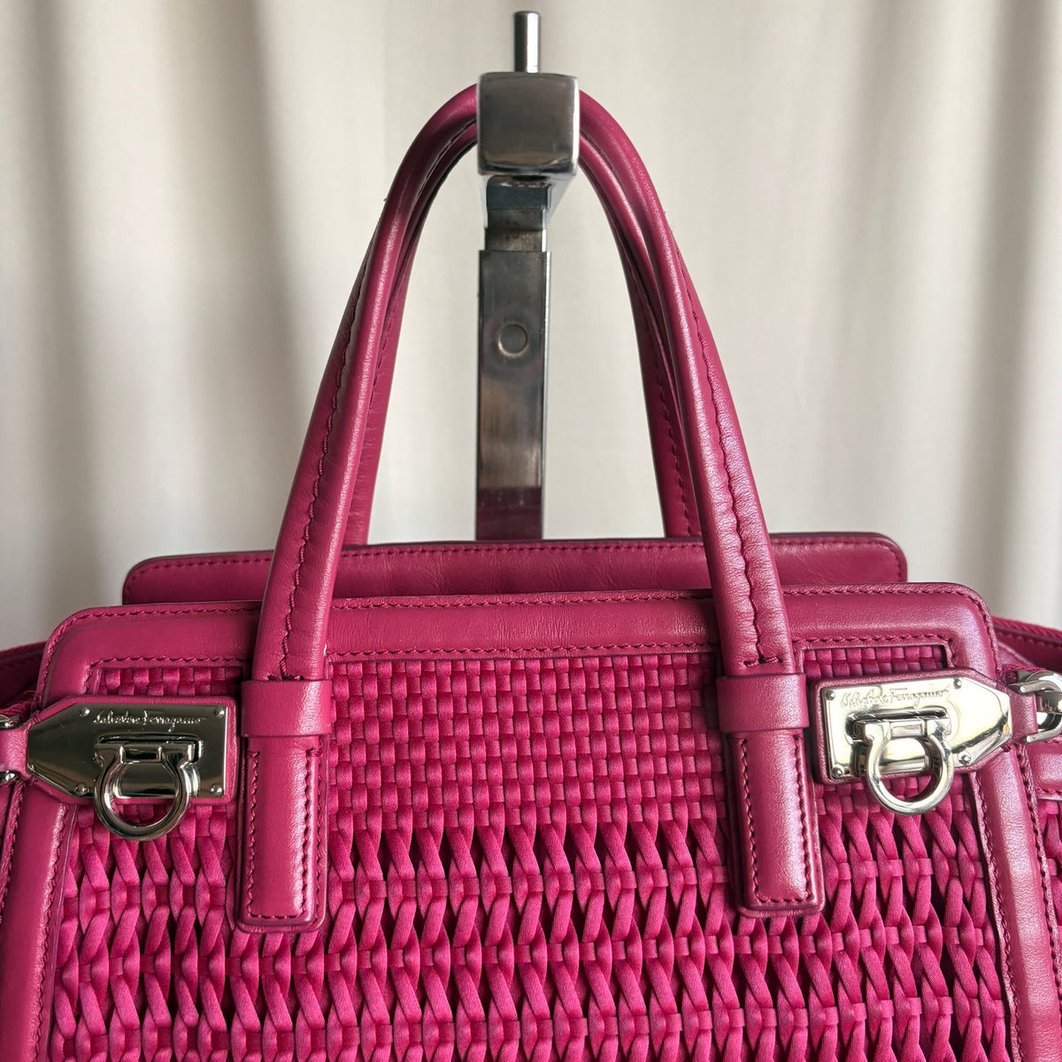 Salvatore Ferragamo Verve Pink Woven Satin Tote