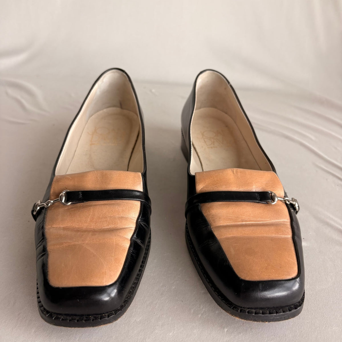 Vintage Joan & David Black & Tan Leather Loafers - Silver Horsebit Hardware
