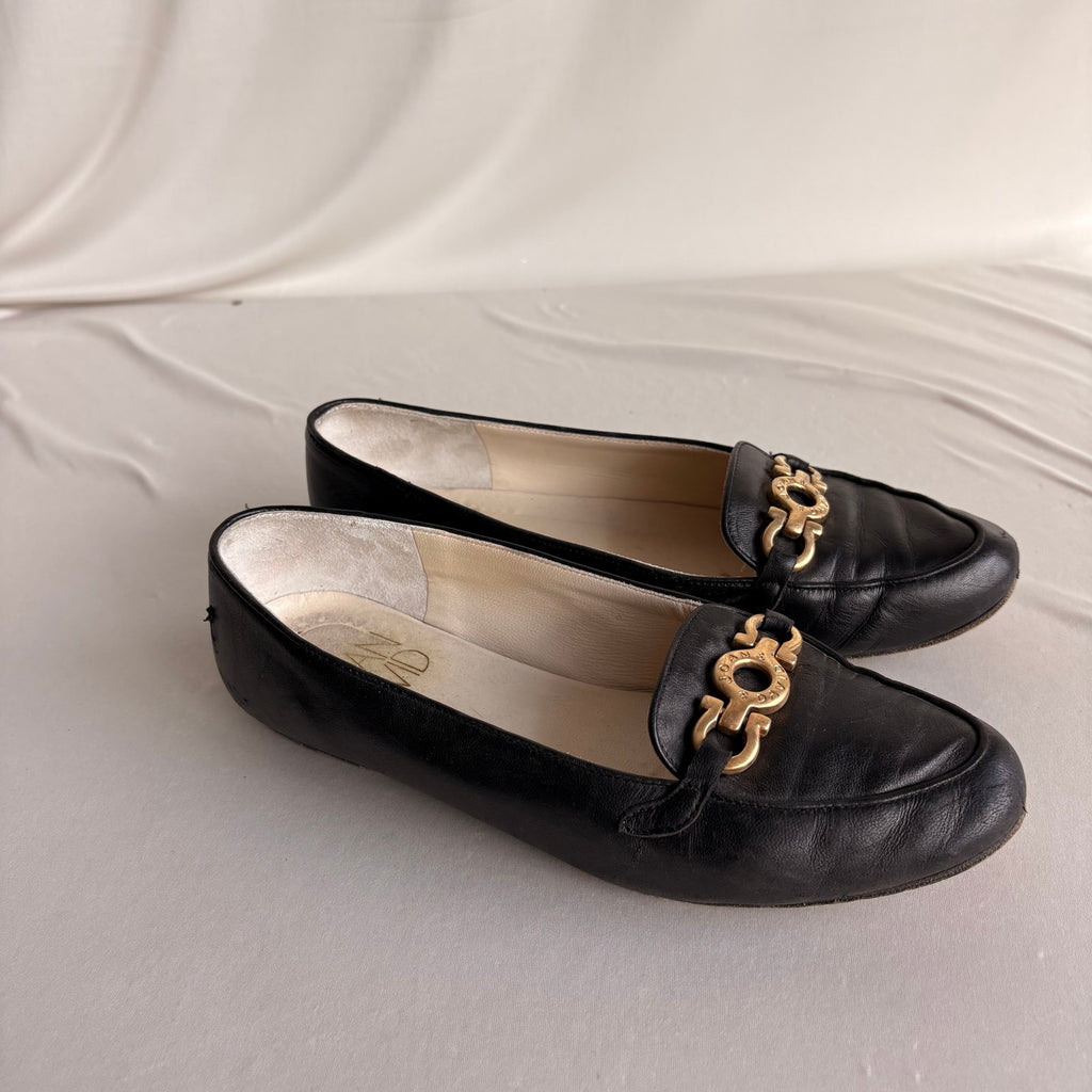 Vintage Joan & David Black Leather Loafers - Gold Gancini Hardware, Square Toe