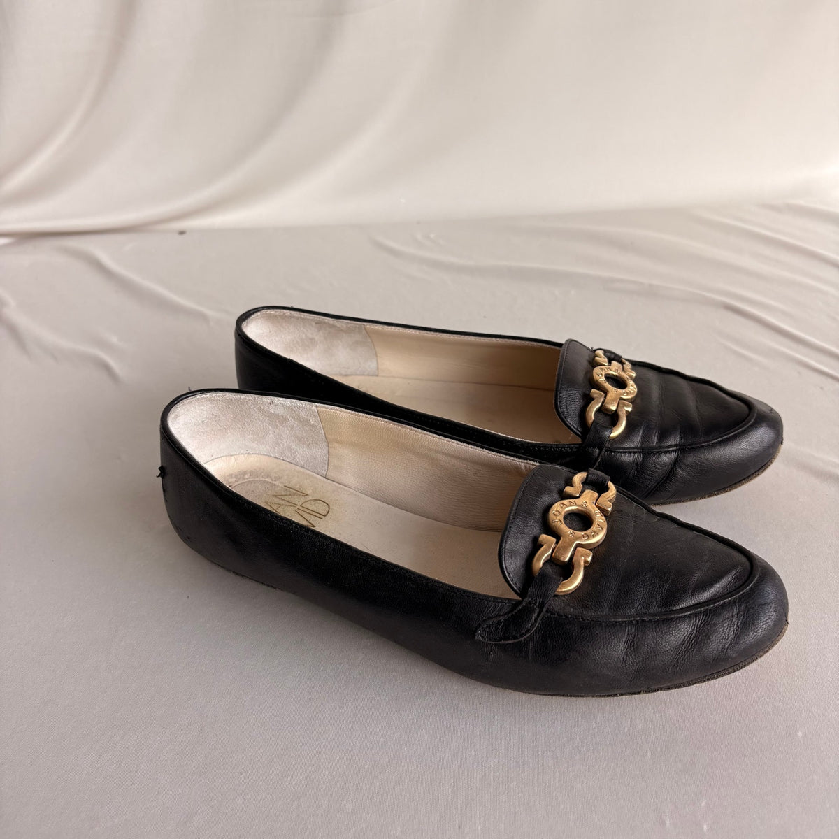Vintage Joan & David Black Leather Loafers - Gold Gancini Hardware, Square Toe