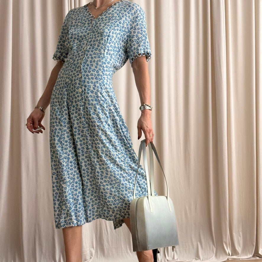 Halmode Petites Blue and White Floral Midi Dress- 90s - Size 10 (Fits M)