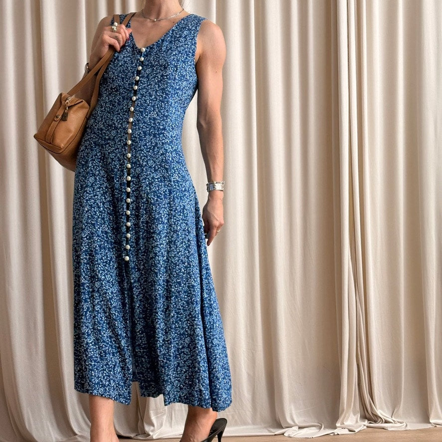Fashion Bug Blue Daisy Floral Dress - 90s - Size 14P (Fits S)