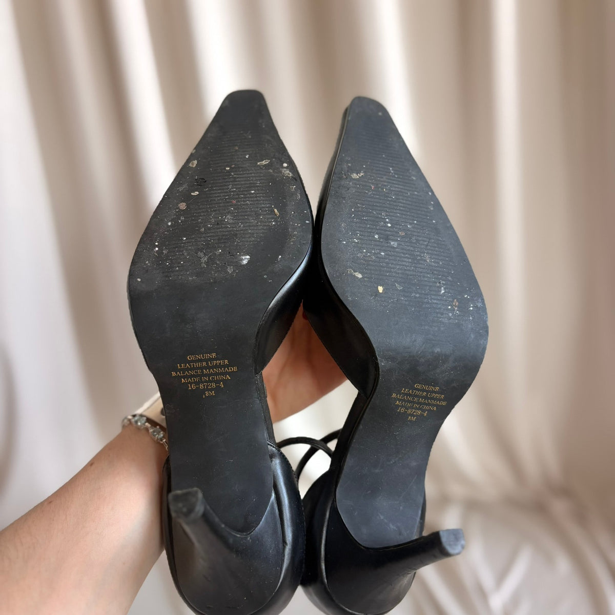 Valley Lane Black Pointed Pumps - Ankle Strap, Genuine Leather, Size 8